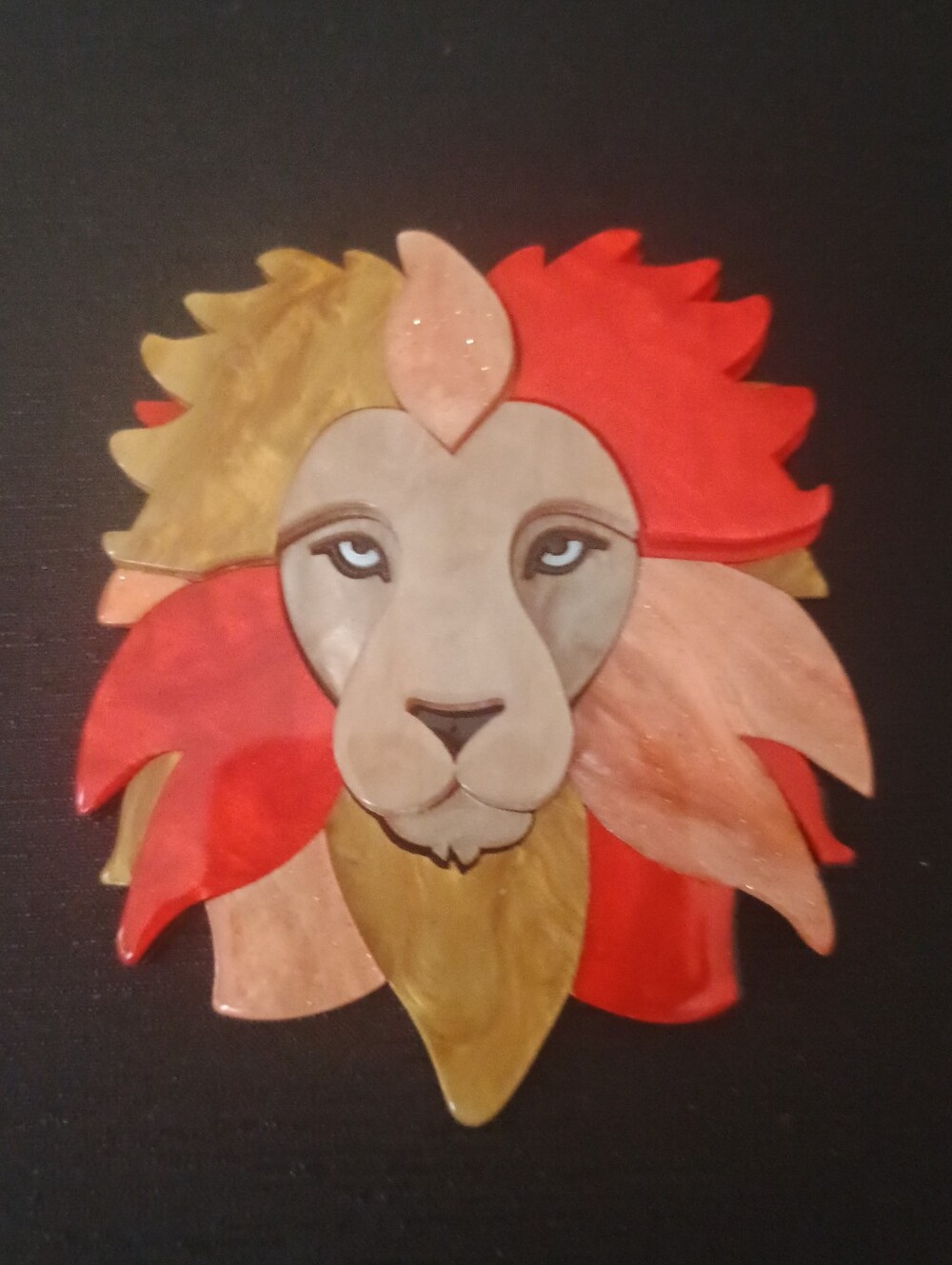 Colorful Lion Face Brooch - Red, Coral & Gold Tones